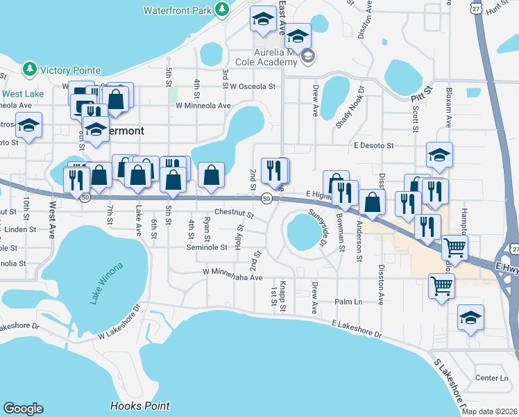 map of restaurants, bars, coffee shops, grocery stores, and more near 151 Highway 50 in Clermont