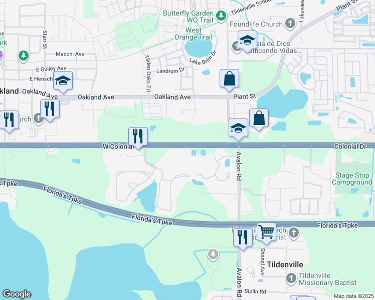 map of restaurants, bars, coffee shops, grocery stores, and more near 15300 West Colonial Drive in Winter Garden