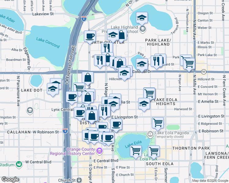 map of restaurants, bars, coffee shops, grocery stores, and more near 203 East Concord Street in Orlando
