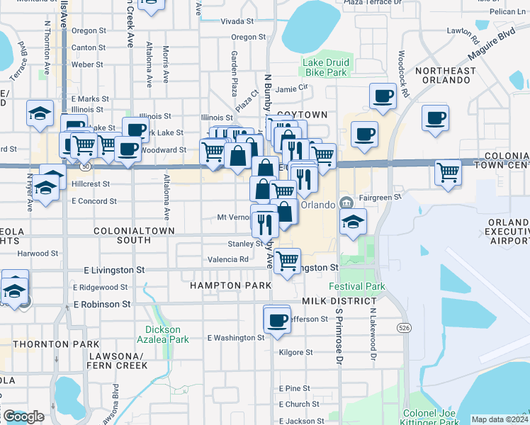 map of restaurants, bars, coffee shops, grocery stores, and more near 550 North Bumby Avenue in Orlando