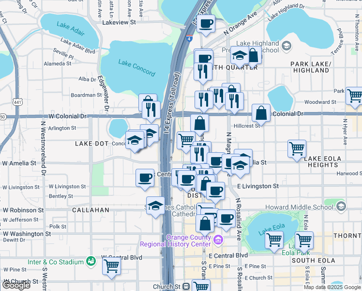 map of restaurants, bars, coffee shops, grocery stores, and more near 126 Concord Street in Orlando