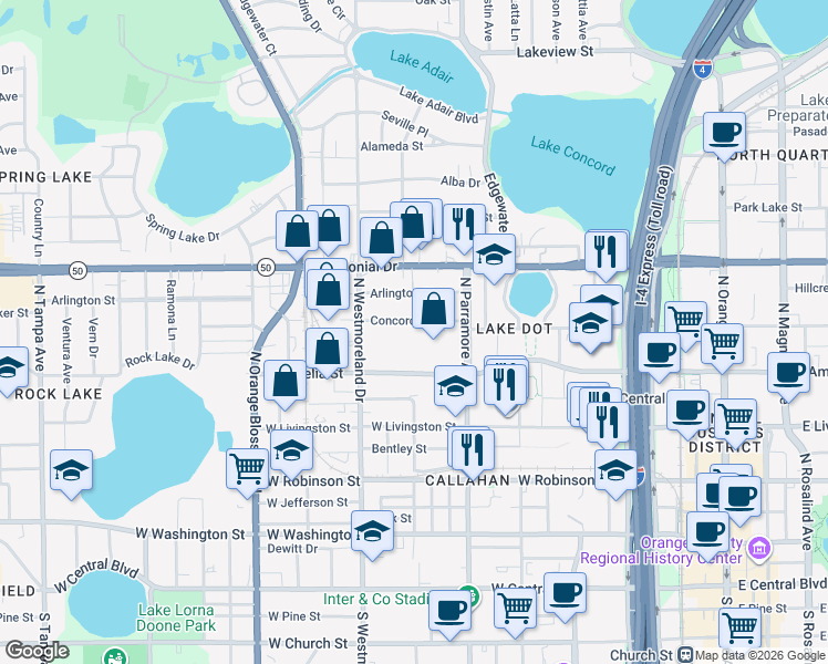 map of restaurants, bars, coffee shops, grocery stores, and more near 810 Concord Street in Orlando