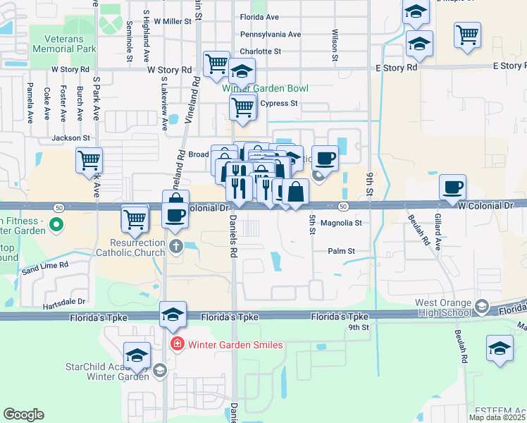 map of restaurants, bars, coffee shops, grocery stores, and more near 13394 West Colonial Drive in Winter Garden