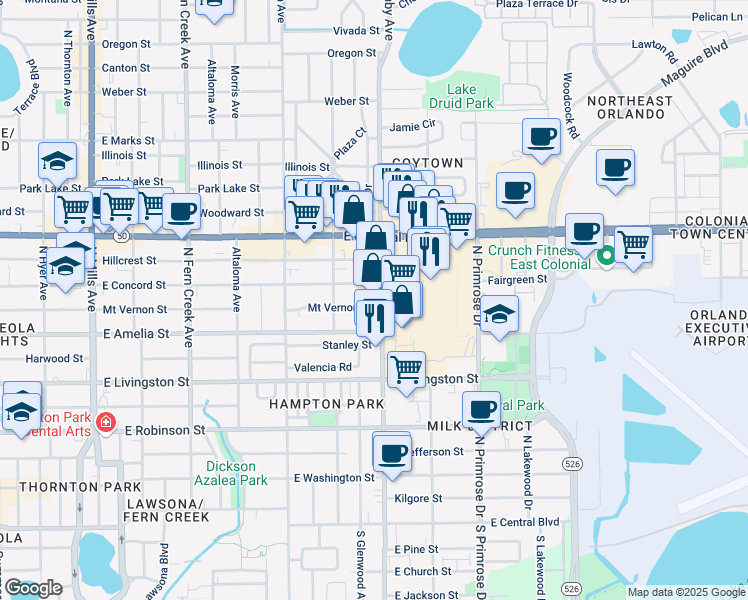 map of restaurants, bars, coffee shops, grocery stores, and more near 550 North Bumby Avenue in Orlando