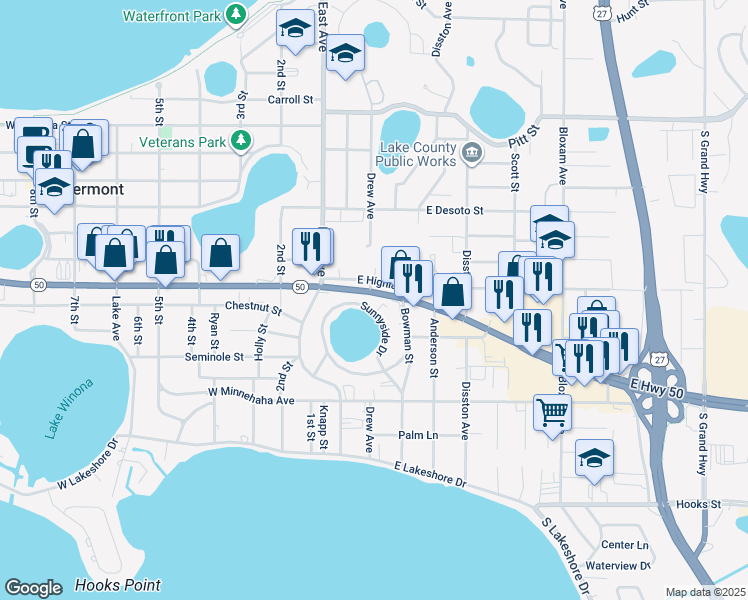 map of restaurants, bars, coffee shops, grocery stores, and more near 143 Sunnyside Drive in Clermont