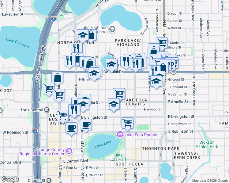 map of restaurants, bars, coffee shops, grocery stores, and more near 506 East Concord Street in Orlando
