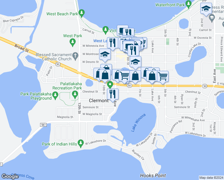 map of restaurants, bars, coffee shops, grocery stores, and more near 4 Westgate Plaza in Clermont