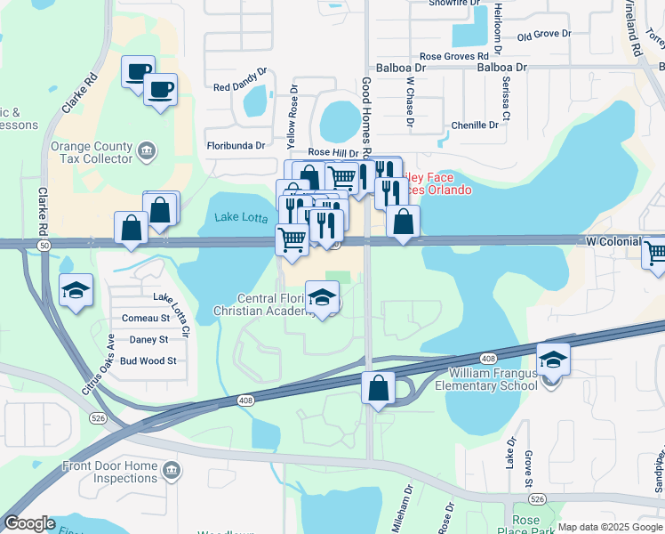 map of restaurants, bars, coffee shops, grocery stores, and more near 8894 Florida 50 in Ocoee