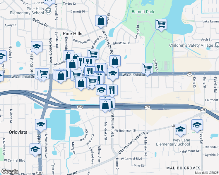 map of restaurants, bars, coffee shops, grocery stores, and more near County Road 431 in Orlando