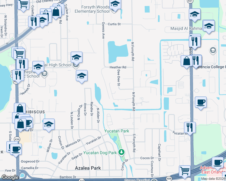 map of restaurants, bars, coffee shops, grocery stores, and more near 519 Southern Charm Drive in Orlando