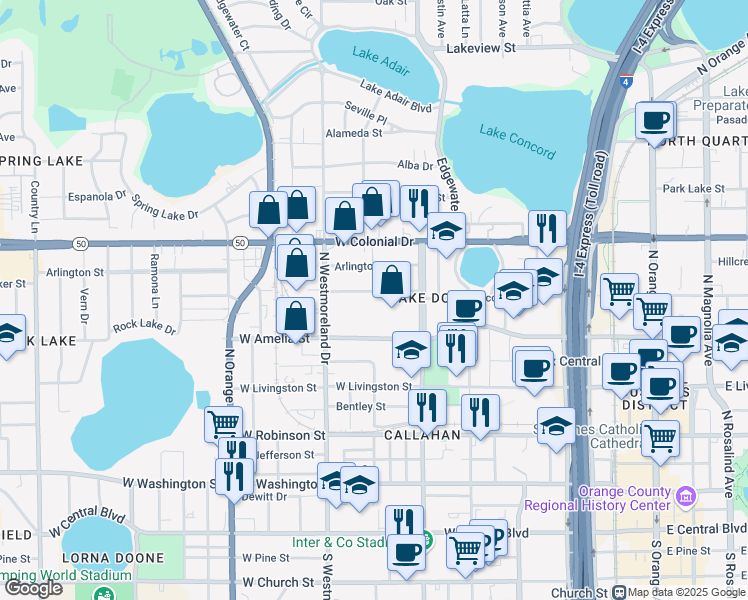 map of restaurants, bars, coffee shops, grocery stores, and more near 810 Concord Street in Orlando