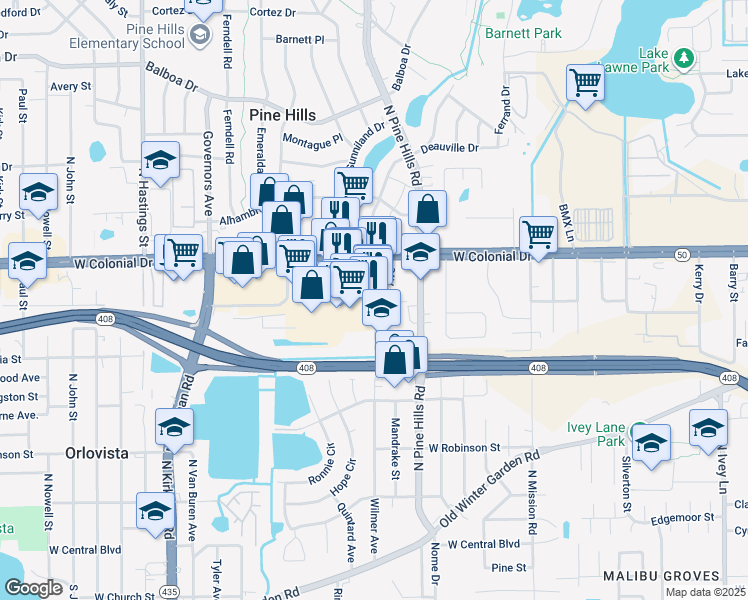 map of restaurants, bars, coffee shops, grocery stores, and more near 5068b West Colonial Drive in Orlando