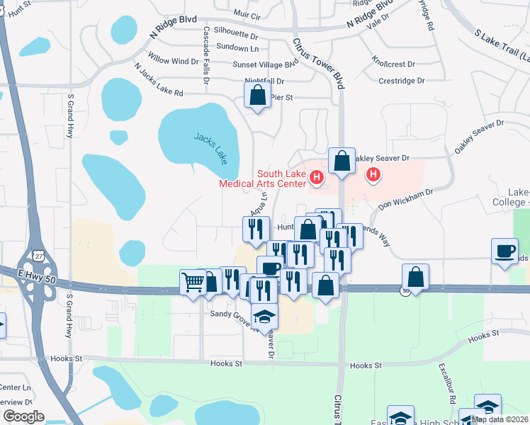 map of restaurants, bars, coffee shops, grocery stores, and more near 1159 Aqua Lane in Clermont