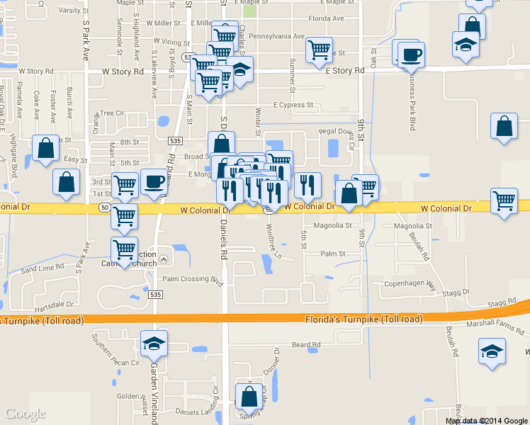 map of restaurants, bars, coffee shops, grocery stores, and more near 13320 West Colonial Drive in Winter Garden