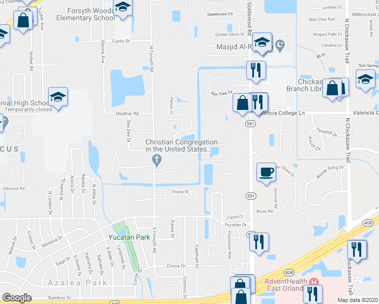 map of restaurants, bars, coffee shops, grocery stores, and more near 6836 Ebans Bend in Orlando