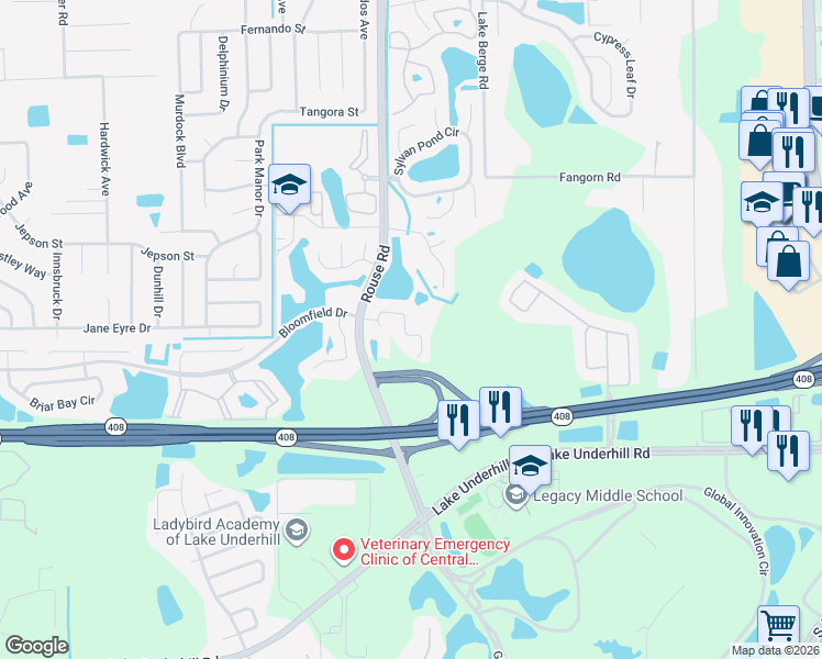 map of restaurants, bars, coffee shops, grocery stores, and more near 503 Tree Shore Drive in Orlando