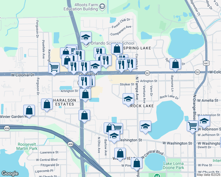 map of restaurants, bars, coffee shops, grocery stores, and more near 558 Hartley Place in Orlando