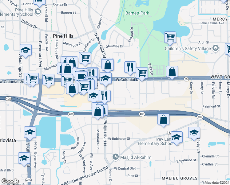 map of restaurants, bars, coffee shops, grocery stores, and more near 683 Walkup Drive in Orlando