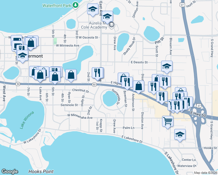 map of restaurants, bars, coffee shops, grocery stores, and more near 133 Sunnyside Drive in Clermont