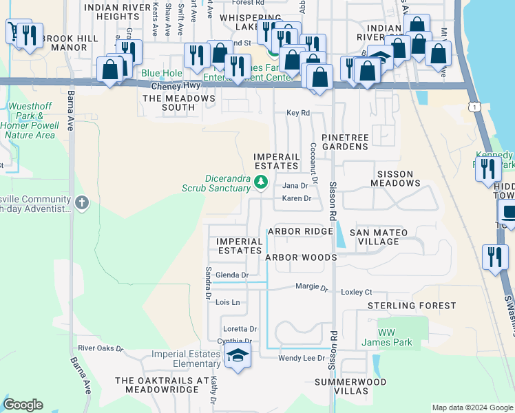 map of restaurants, bars, coffee shops, grocery stores, and more near 4970 Melissa Drive in Titusville