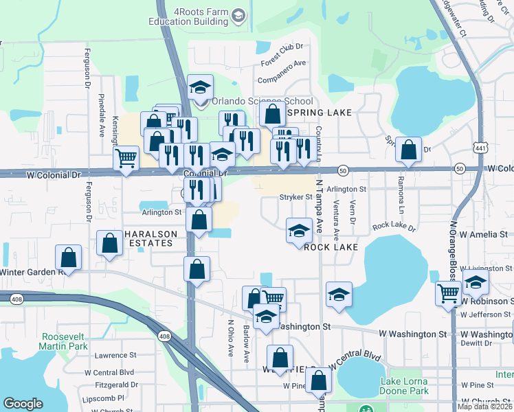 map of restaurants, bars, coffee shops, grocery stores, and more near 558 Hartley Place in Orlando