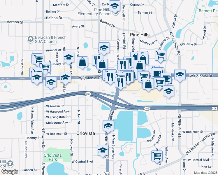 map of restaurants, bars, coffee shops, grocery stores, and more near 5600 West Colonial Drive in Orlando
