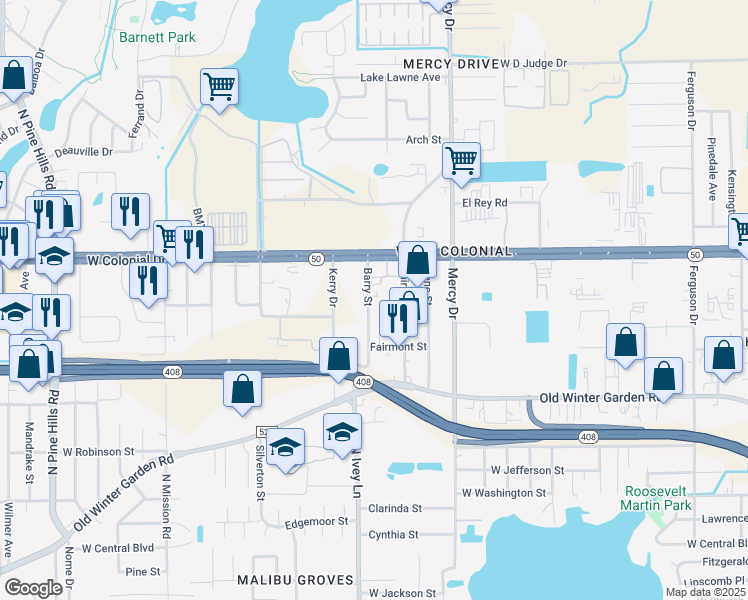 map of restaurants, bars, coffee shops, grocery stores, and more near 611 Barry Avenue in Orlando