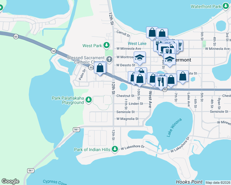 map of restaurants, bars, coffee shops, grocery stores, and more near 1121 12th Street in Clermont
