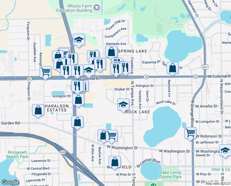 map of restaurants, bars, coffee shops, grocery stores, and more near 555 Ross Place in Orlando