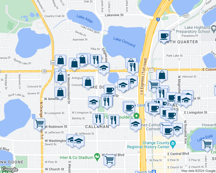 map of restaurants, bars, coffee shops, grocery stores, and more near 600 Lake Dot Circle in Orlando