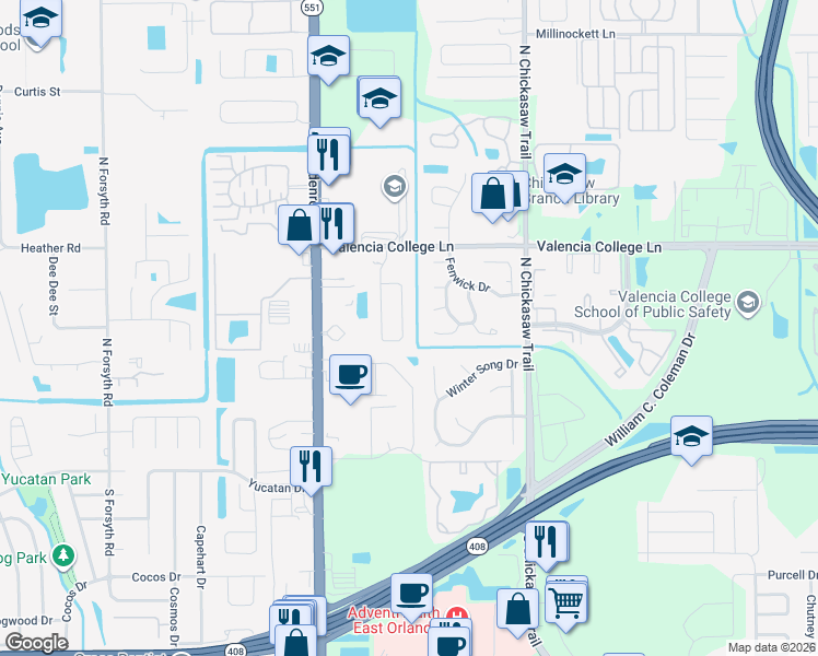 map of restaurants, bars, coffee shops, grocery stores, and more near 468 Short Pine Circle in Orlando