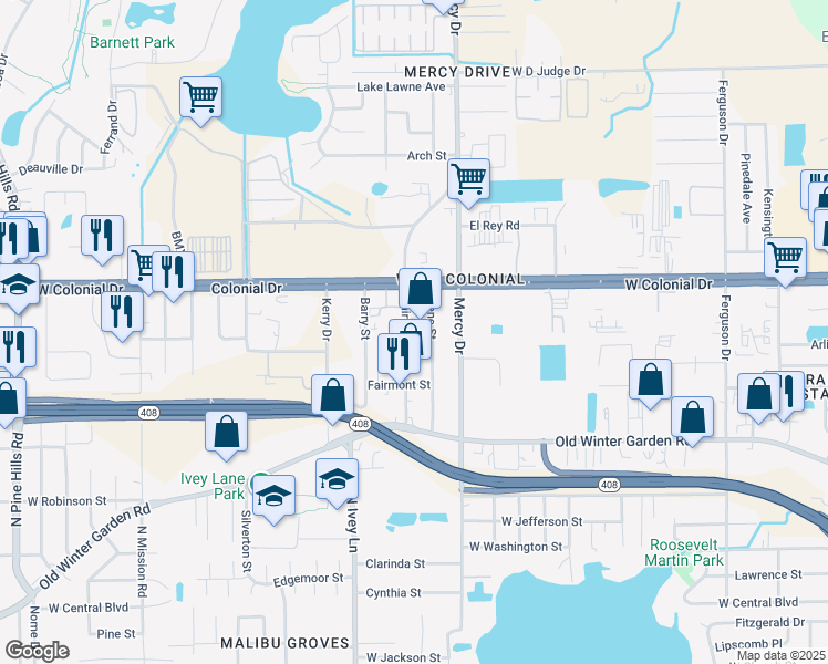 map of restaurants, bars, coffee shops, grocery stores, and more near 601 Fairvilla Road in Orlando