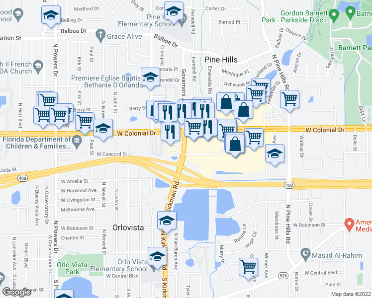 map of restaurants, bars, coffee shops, grocery stores, and more near 655 North Kirkman Road in Orlovista