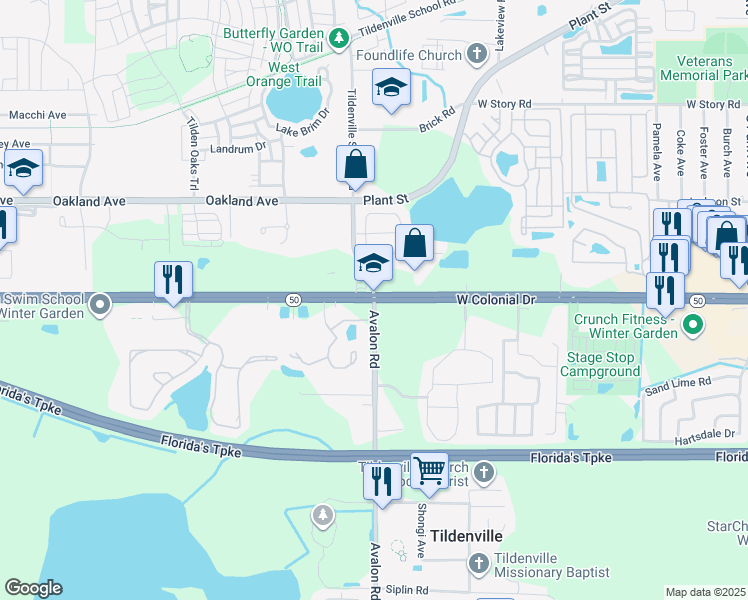 map of restaurants, bars, coffee shops, grocery stores, and more near in Winter Garden