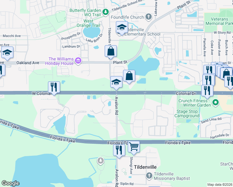 map of restaurants, bars, coffee shops, grocery stores, and more near in Winter Garden