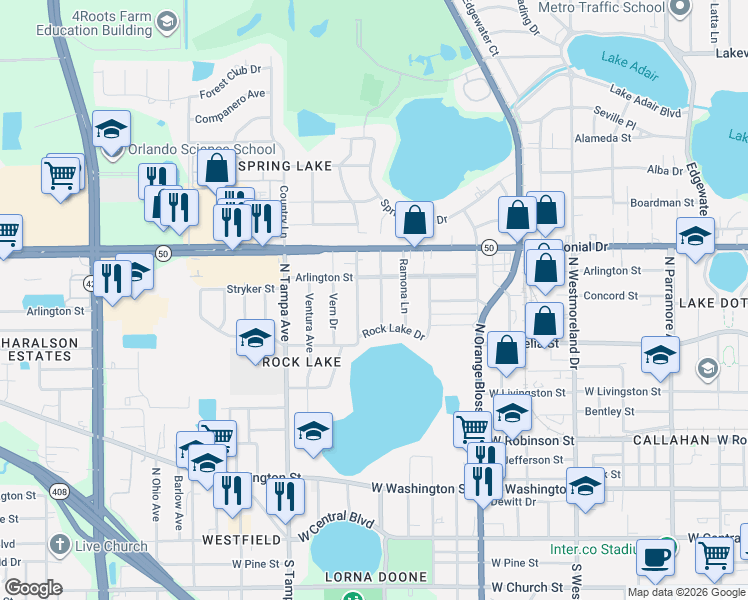 map of restaurants, bars, coffee shops, grocery stores, and more near 600 North Rio Grande Avenue in Orlando