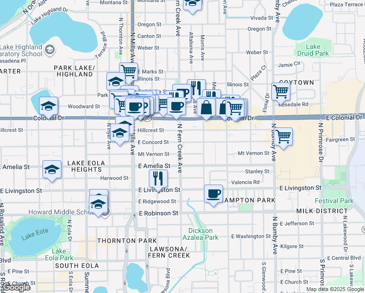 map of restaurants, bars, coffee shops, grocery stores, and more near 543 North Fern Creek Avenue in Orlando