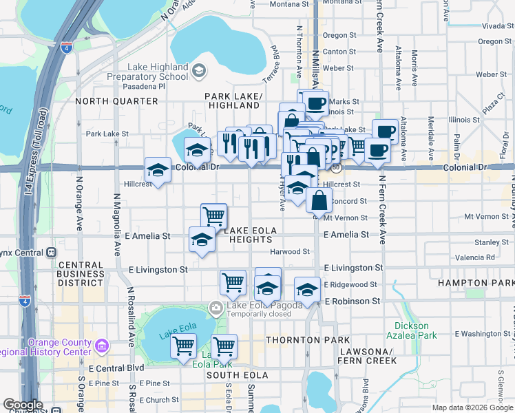 map of restaurants, bars, coffee shops, grocery stores, and more near 710 East Concord Street in Orlando