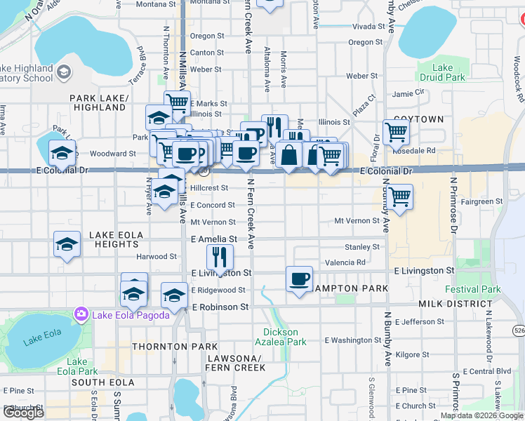 map of restaurants, bars, coffee shops, grocery stores, and more near 543 North Fern Creek Avenue in Orlando