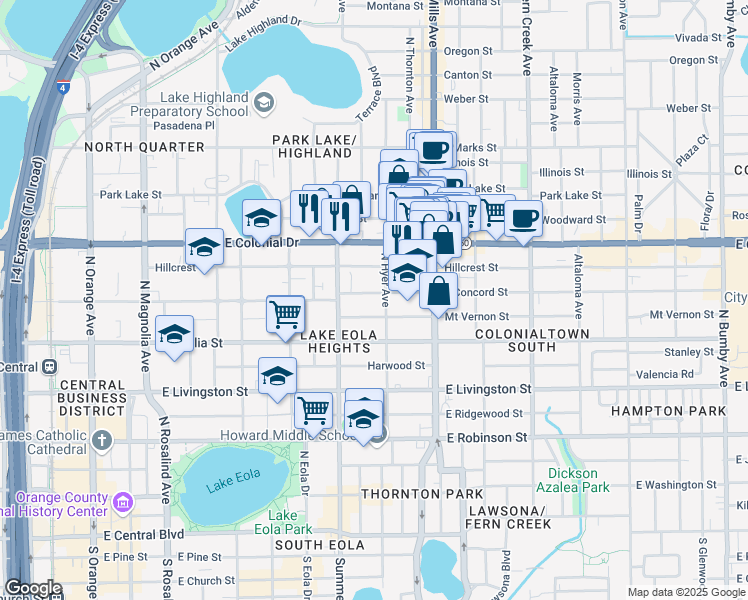 map of restaurants, bars, coffee shops, grocery stores, and more near 724 East Concord Street in Orlando