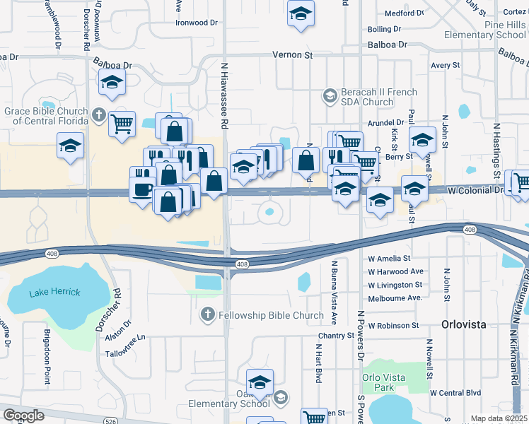 map of restaurants, bars, coffee shops, grocery stores, and more near 727 Royal Lake Circle in Orlando