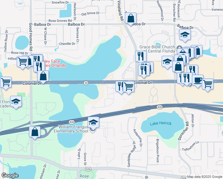 map of restaurants, bars, coffee shops, grocery stores, and more near 709 Masala Drive in Orlando