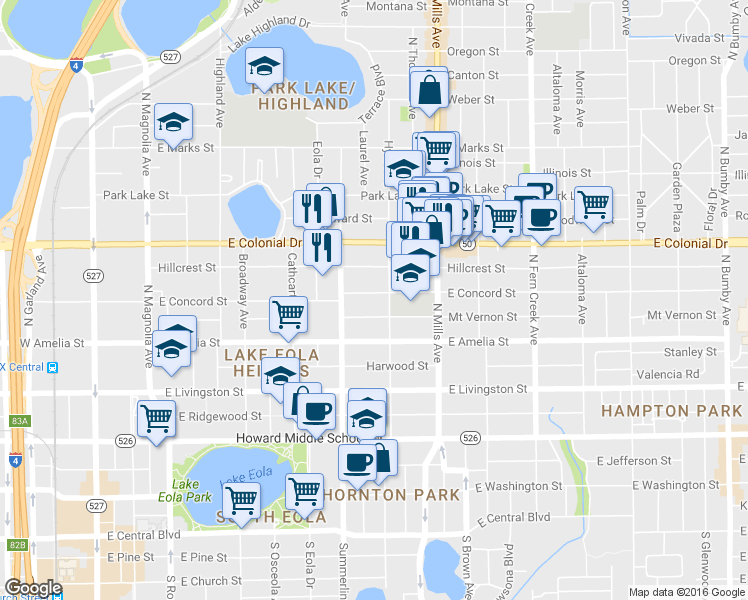 map of restaurants, bars, coffee shops, grocery stores, and more near 724 East Concord Street in Orlando