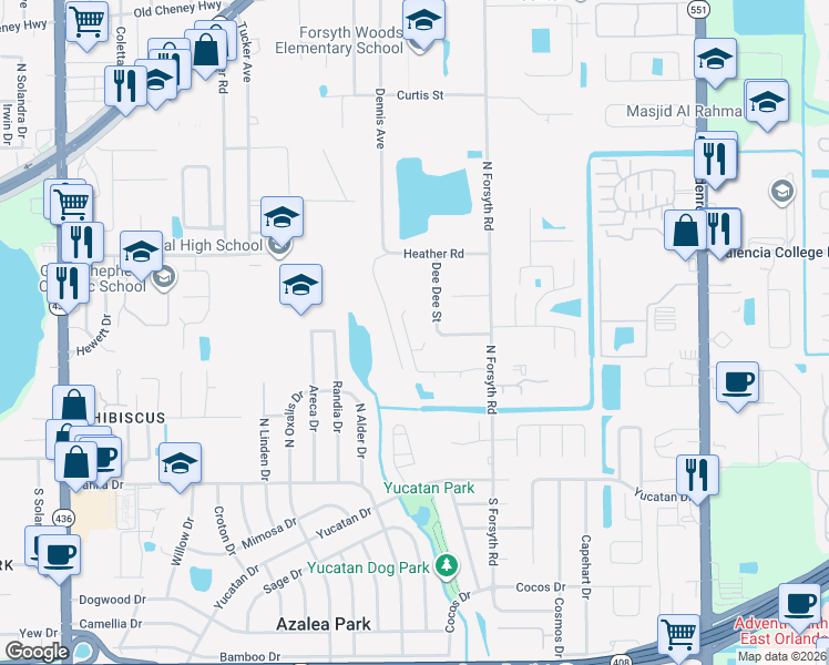 map of restaurants, bars, coffee shops, grocery stores, and more near 519 Southern Charm Drive in Orlando