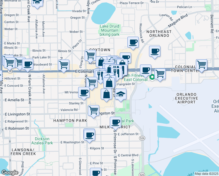 map of restaurants, bars, coffee shops, grocery stores, and more near 534 Primrose Drive in Orlando