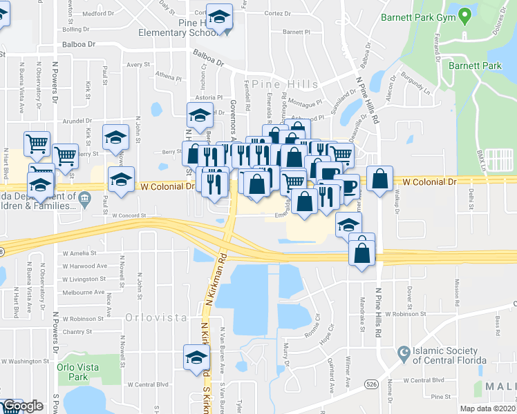 map of restaurants, bars, coffee shops, grocery stores, and more near 5524 West Colonial Drive in Orlando