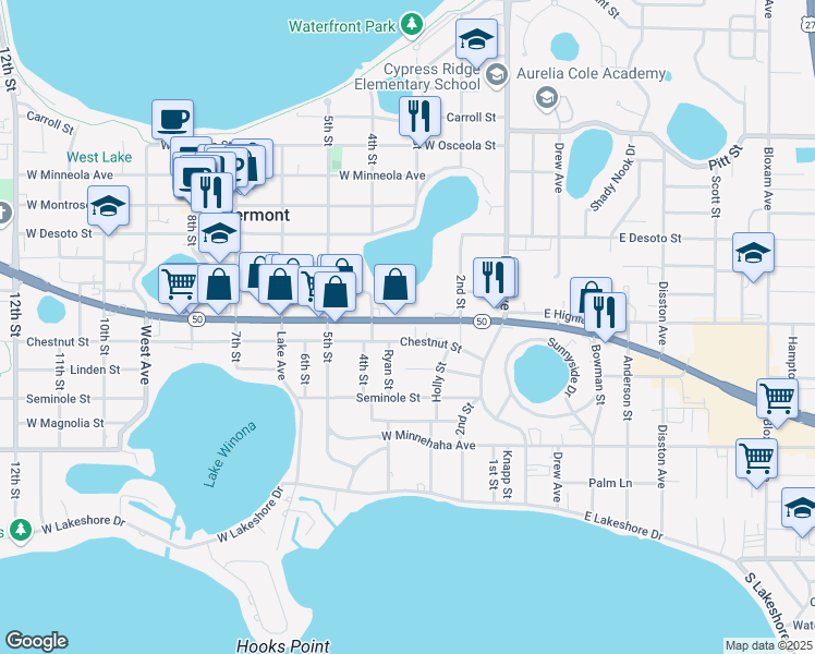 map of restaurants, bars, coffee shops, grocery stores, and more near 313 Florida 50 in Clermont