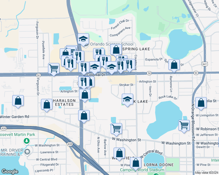 map of restaurants, bars, coffee shops, grocery stores, and more near 558 Hartley Place in Orlando