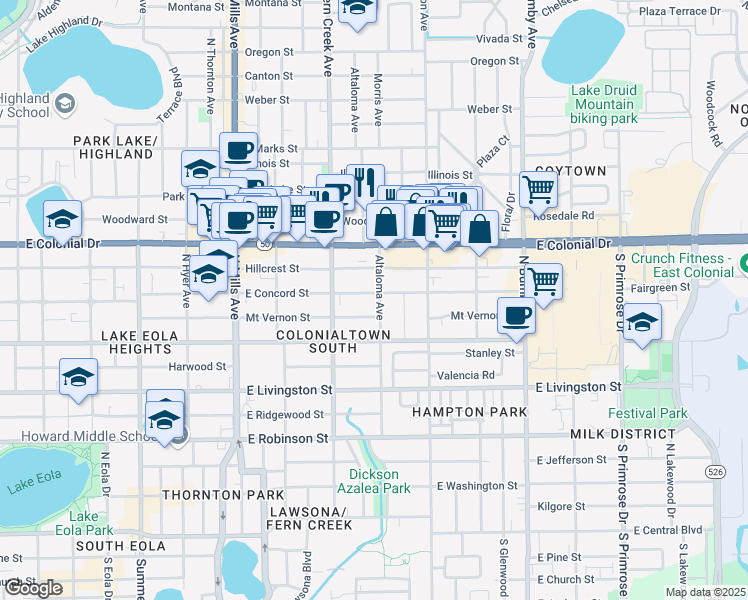 map of restaurants, bars, coffee shops, grocery stores, and more near 542 Altaloma Avenue in Orlando