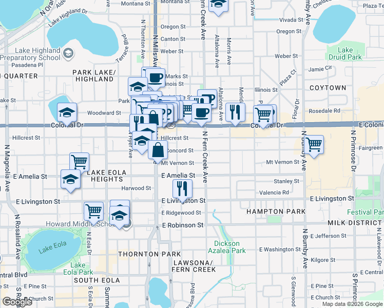 map of restaurants, bars, coffee shops, grocery stores, and more near 1500 East Concord Street in Orlando